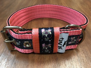 Obojek neon ružová 5cm + stuha lebky